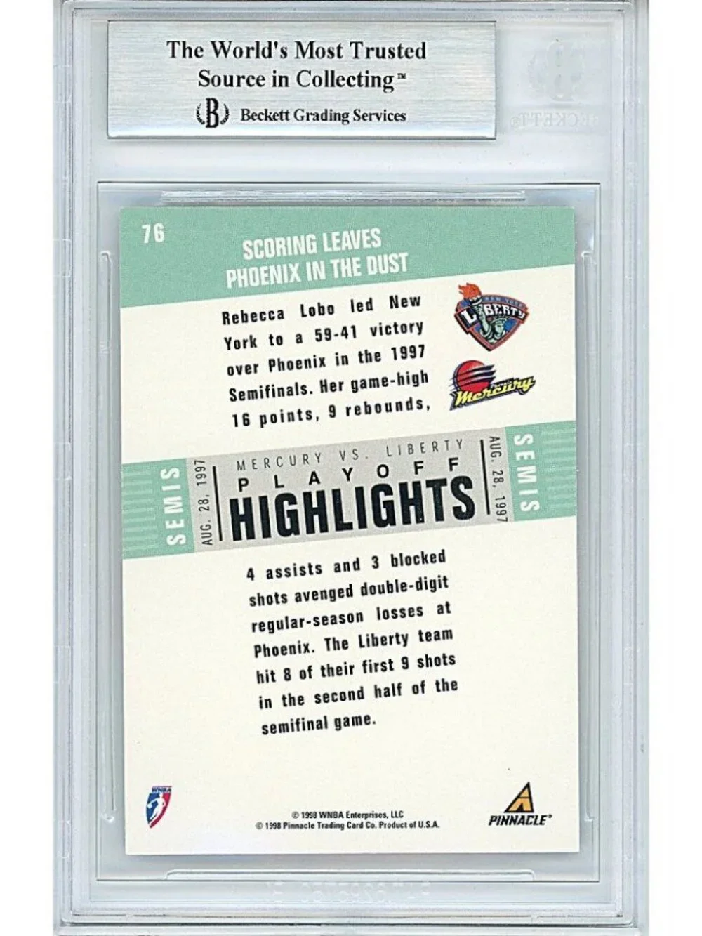 Rebecca Lobo Liberty Signed 1998 WNBA Pinnacle Basketball Card Beckett Autograph